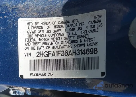 2010 Honda Civic Vp из США, поврежденный, VIN 2HGFA1F36AH314698